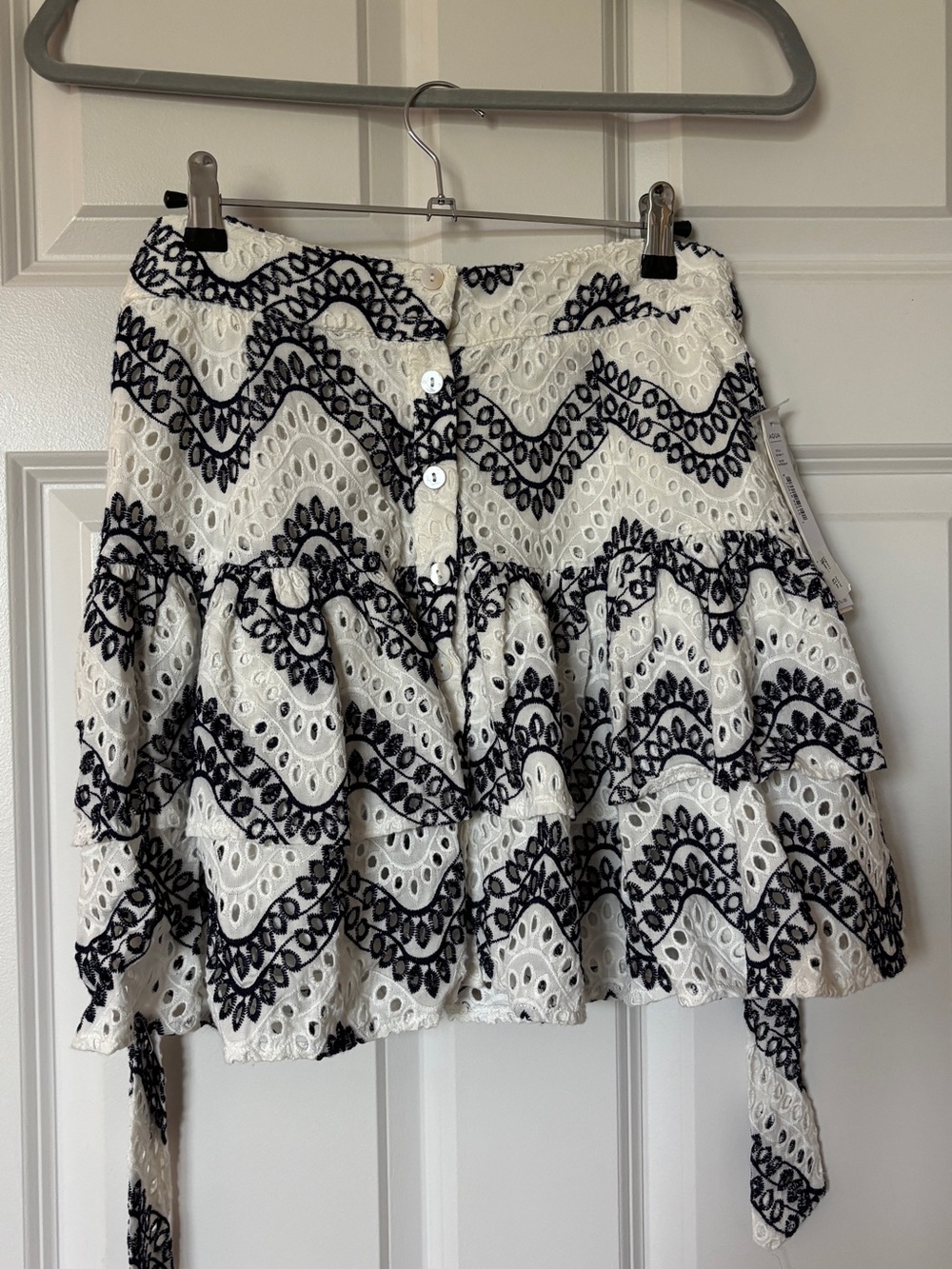 Aqua White Eyelet Tiered Mini Skirt with Black Embroidery